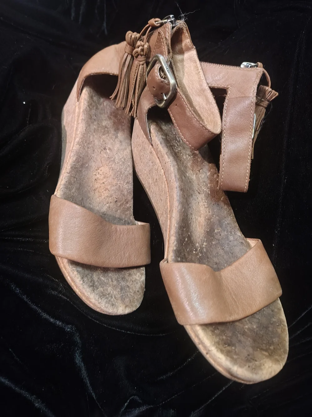 UGG Tan Cork Wedge Sandals with Ankle Tassels